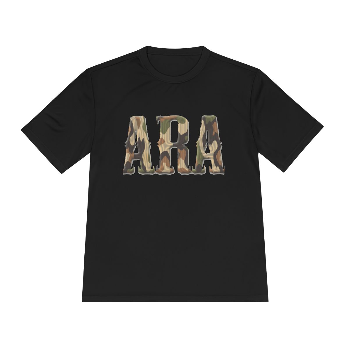 ARA Woodland Camo, A Rise Above design on a black tee