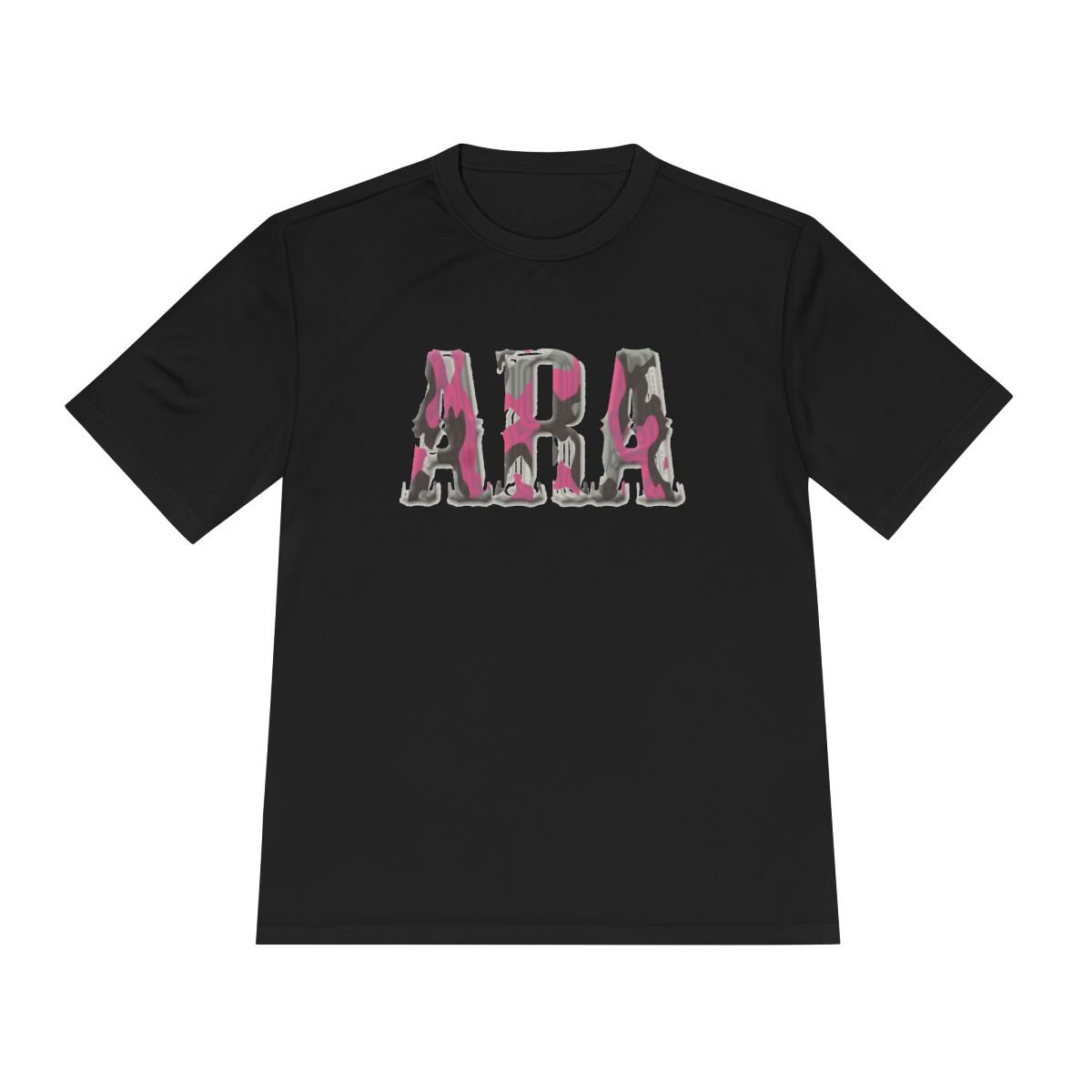 ARA Pink Camo, A Rise Above design on a black tee