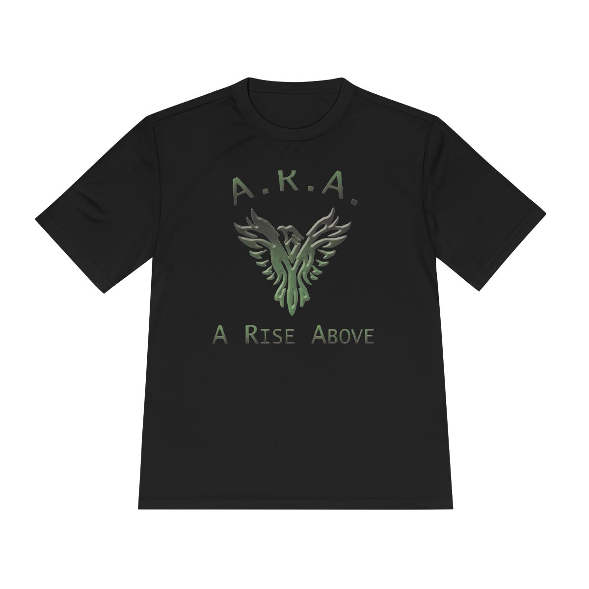 ARA Green Phoenix, A Rise Above design on a black tee